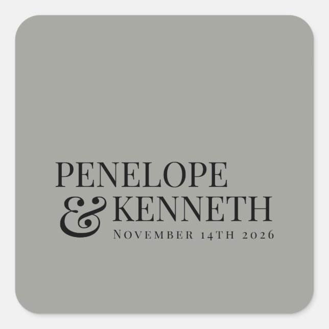 Classic Elegant Gray Custom Wedding Names Square Sticker (Front)