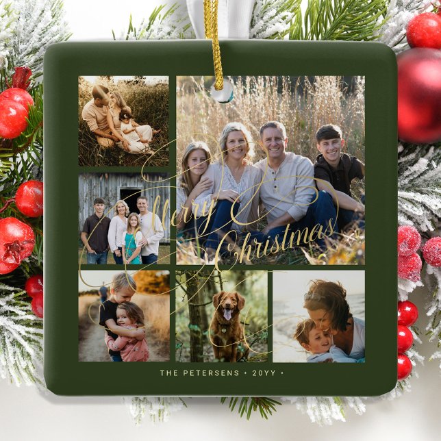 Classic elegant green gold 6 photo collage  ceramic ornament (Creator Uploaded)
