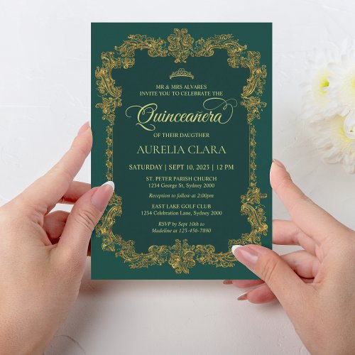 Classic Elegant Green Gold Tiara Quinceanera Invitation
