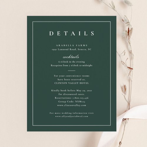 Classic Elegant Green Wedding Details Enclosure Card