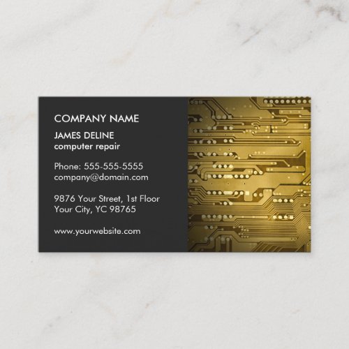 Classic Elegant Grey Gold Circuit Computer Repair Business Card
