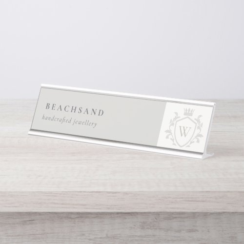 Classic Elegant Grey Monogram Floral Crown Crest Desk Name Plate