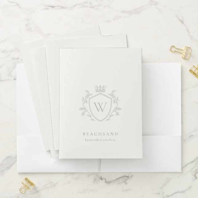 Classic Elegant Grey Monogram Floral Crown Crest Pocket Folder (In Situ)