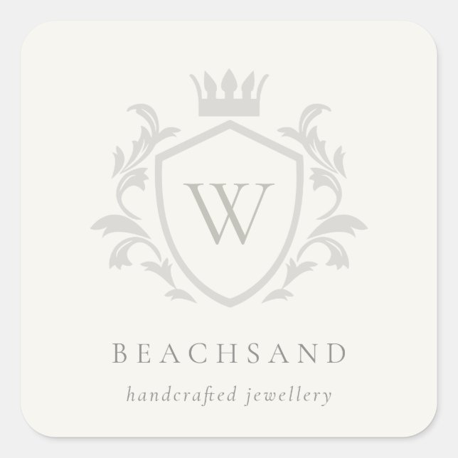 Classic Elegant Grey Monogram Floral Crown Crest Square Sticker (Front)