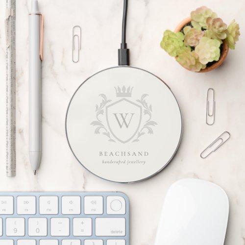 Classic Elegant Grey Monogram Floral Crown Crest Wireless Charger