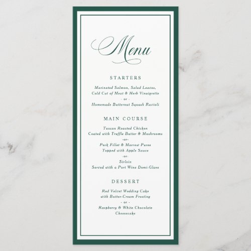 Classic Elegant Hunter Green Frame Wedding Menu