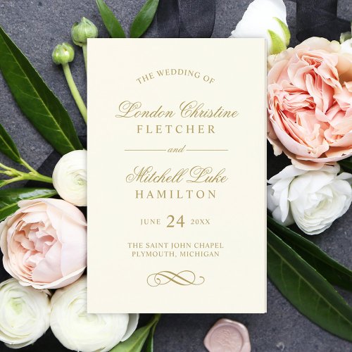 Classic Elegant Ivory Antique Gold Wedding Program