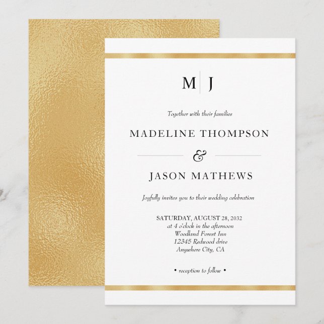Classic Elegant Ivory Gold Foil Monogram Wedding Invitation (Front/Back)