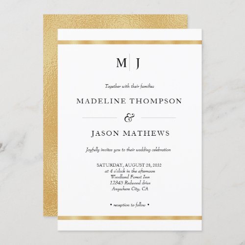 Classic Elegant Ivory Gold Foil Monogram Wedding Invitation