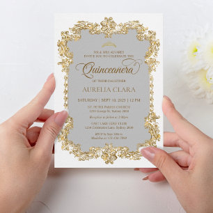 Classic Elegant Ivory White Gold Tiara Quinceanera Invitation