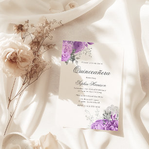 Classic Elegant Lavender Rose & Silver Quinceanera Invitation