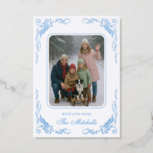 Classic Elegant Light Blue Floral Vine Holiday Letterpress Photo Cards