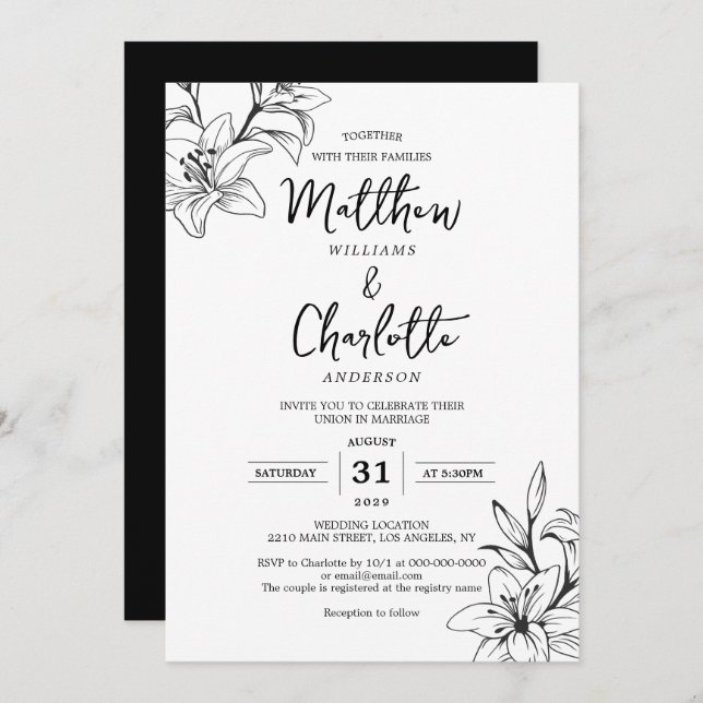 Classic Elegant Lily Flowers Black & White Wedding Invitation (Front/Back)