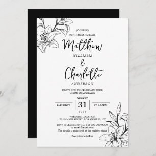 Classic Elegant Lily Flowers Black & White Wedding Invitation