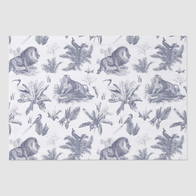Classic Elegant Lion Tiger Blue Toile  Tissue Paper (Front)