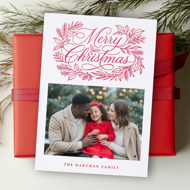 Classic Elegant Merry Christmas Botanical Holiday Letterpress Photo Cards (Creator Uploaded)