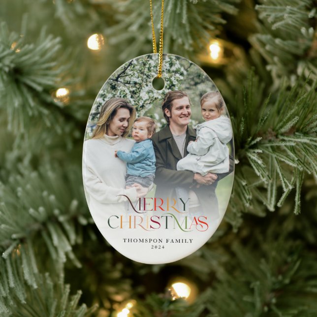 Classic Elegant Merry Christmas Two Photo Ceramic Ornament (Tree)