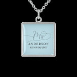 classic elegant minimalist  blue unique Necklace<br><div class="desc">The design shows an elegant minimalist necklace in black and light blue. A beautiful unique "mrs" text in whimsical calligraphy at the top and a customizable surname and date at the bottom. The design is extremely unique and classic and will be an elegant item to give any bride or newlywed...</div>