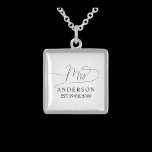 classic elegant minimalist unique Necklace<br><div class="desc">The design shows an elegant minimalist necklace in black and white. A beautiful unique "mrs" text in whimsical calligraphy at the top and a customizable surname and date at the bottom. The design is extremely unique and classic and will be an elegant item to give any bride or newlywed as...</div>