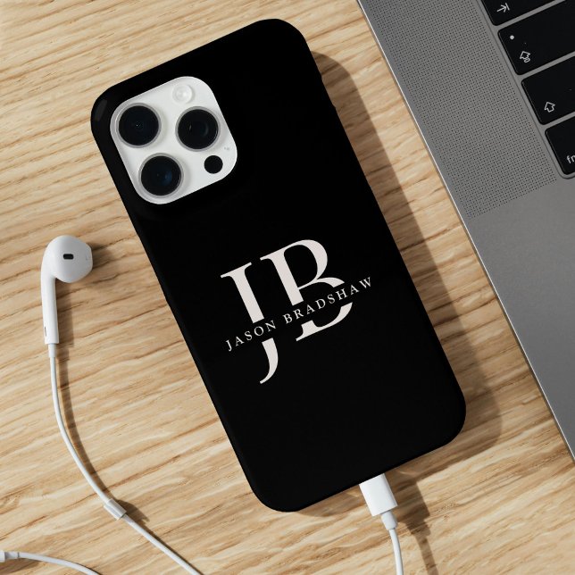 Classic Elegant Monogram and Name Black Case-Mate iPhone Case (Personalize with your name and monogram initials.)