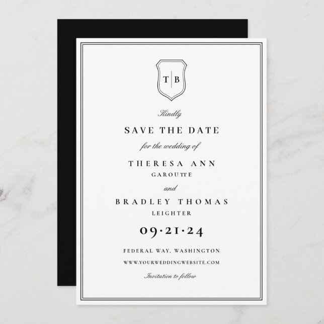 Classic Elegant Monogram Black Crest Save The Date (Front/Back)