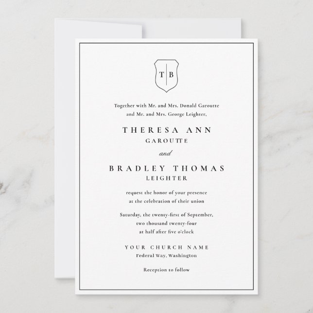 Classic Elegant Monogram Black Crest Wedding Invitation (Front)