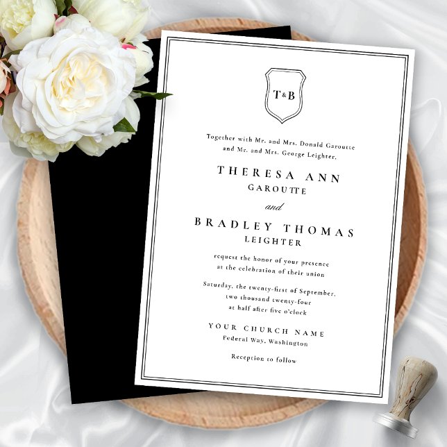 Classic Elegant Monogram Black Crest Wedding Invitation (Classic Elegant Mongram Black Crest Wedding Invitation)