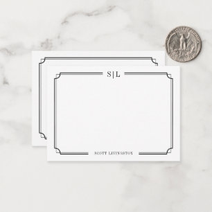 Classic Elegant Monogram Black White Two Border Note Card
