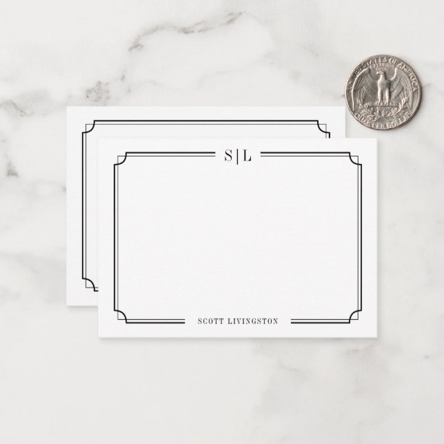Classic Elegant Monogram Black White Two Border Note Card (Front/Back In Situ)