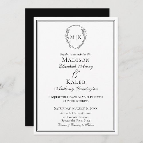 Classic Elegant Monogram Botanical Crest Bordered Invitation