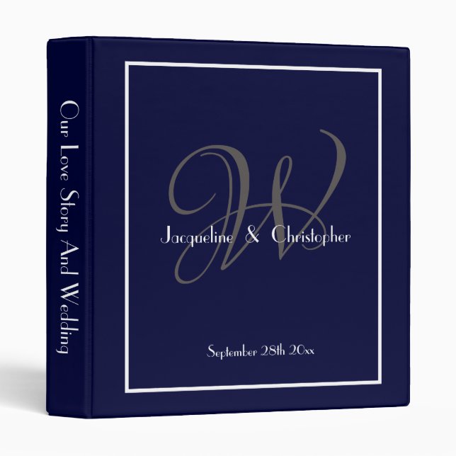 Classic Elegant Monogram Chic Navy Blue Wedding 3 Ring Binder (Front/Spine)