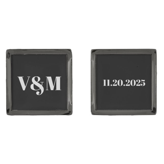 Classic Elegant Monogram Date Wedding Groom Cufflinks (Front)