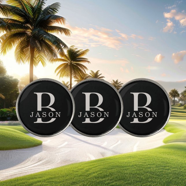 Classic Elegant Monogram Initial and Name Black Golf Ball Marker (Personalize with your name and monogram initial.)