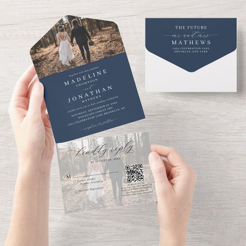 Classic Elegant Navy Blue 2 Photo QR Code Wedding All In One Invitation