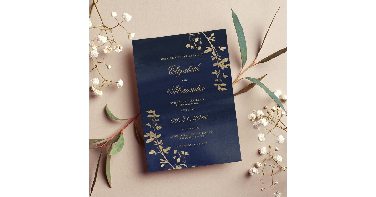 Classic elegant navy blue gold floral wedding invitation | Zazzle