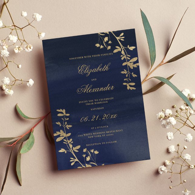 Classic elegant navy blue gold floral wedding invitation (Classic elegant navy blue gold floral wedding )