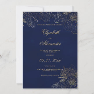 Classic elegant navy blue gold foil floral wedding invitation