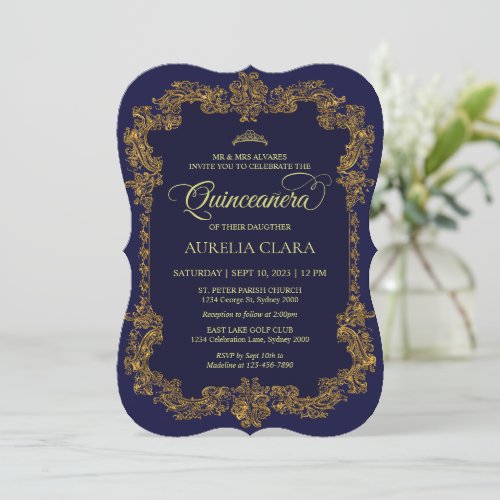 Classic Elegant Navy Blue Gold Tiara Quinceanera Invitation