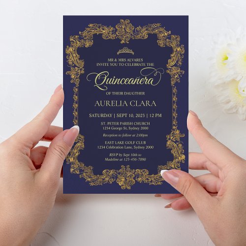 Classic Elegant Navy Blue Gold Tiara Quinceanera Invitation