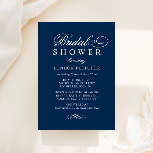 Classic Elegant Navy Blue Wedding Bridal Shower Invitation