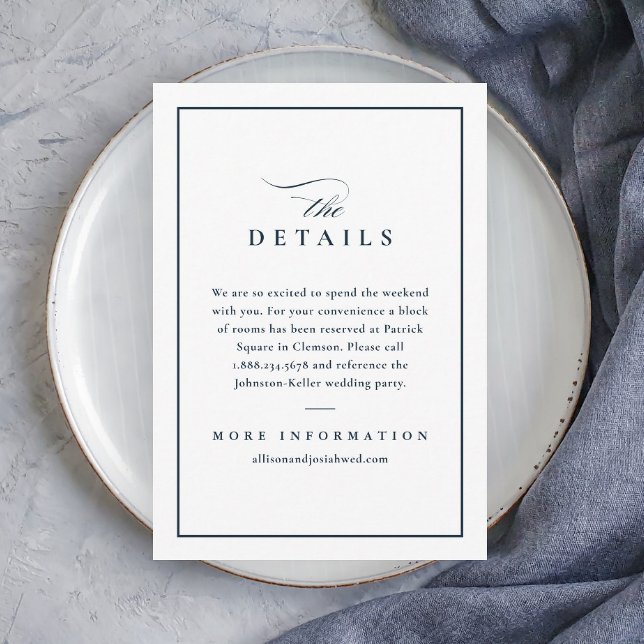 Classic Elegant Navy Blue Wedding Details Enclosure Card (Elegant Navy Blue and White Wedding Details Enclosure Card.)