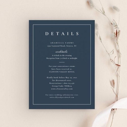 Classic Elegant Navy Blue Wedding Details Enclosure Card