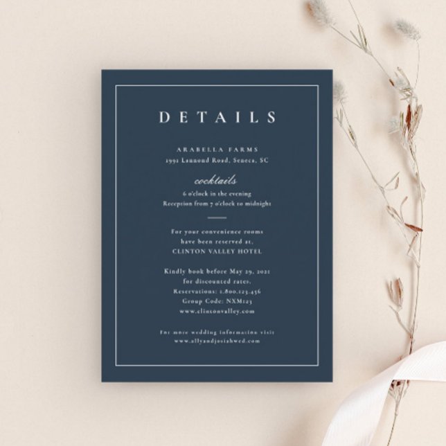 Classic Elegant Navy Blue Wedding Details Enclosure Card (Simple Navy Blue Wedding Details Enclosure Cards.)