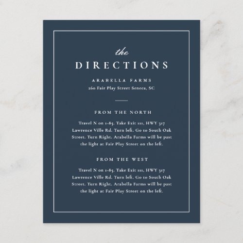 Classic Elegant Navy Blue Wedding Directions Enclosure Card