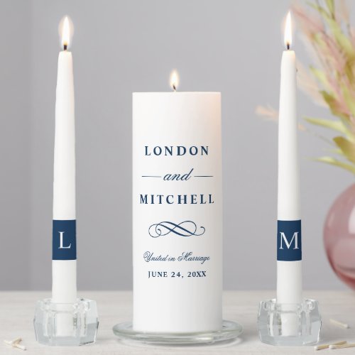 Classic Elegant Navy Blue Wedding Monogram Unity Candle Set