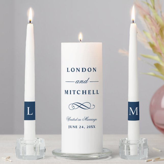 Classic Elegant Navy Blue Wedding Monogram Unity Candle Set (In Situ)