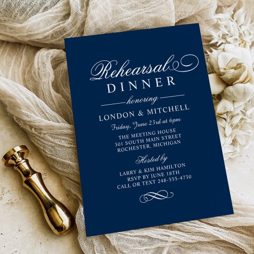 Classic Elegant Navy Blue Wedding Rehearsal Dinner Invitation