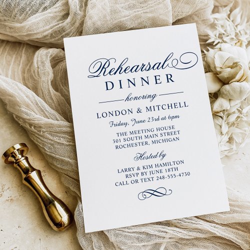 Classic Elegant Navy Blue Wedding Rehearsal Dinner Invitation