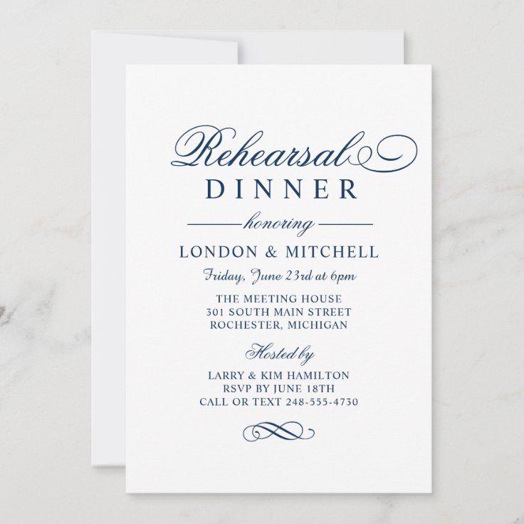 Classic Elegant Navy Blue Wedding Rehearsal Dinner Invitation Zazzle