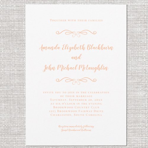 Classic Elegant Peach  White Formal Wedding Chic Invitation